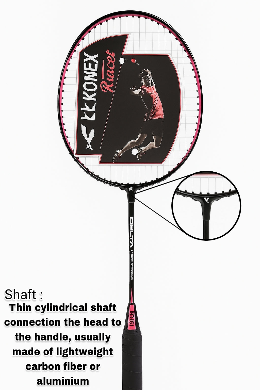 Delta Titanium Series Badminton Racket – Lightweight High-Tension Frame with Grip, Black & Pink