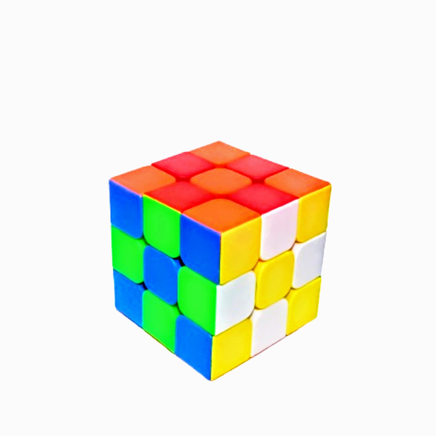 This image shows a standard 3x3 Rubik's Cube, a popular puzzle consisting of six colored sides: red, green, blue, white, yellow, and orange. The cube is partially scrambled, with the colors on some sides still arranged in blocks, while others appear mixed