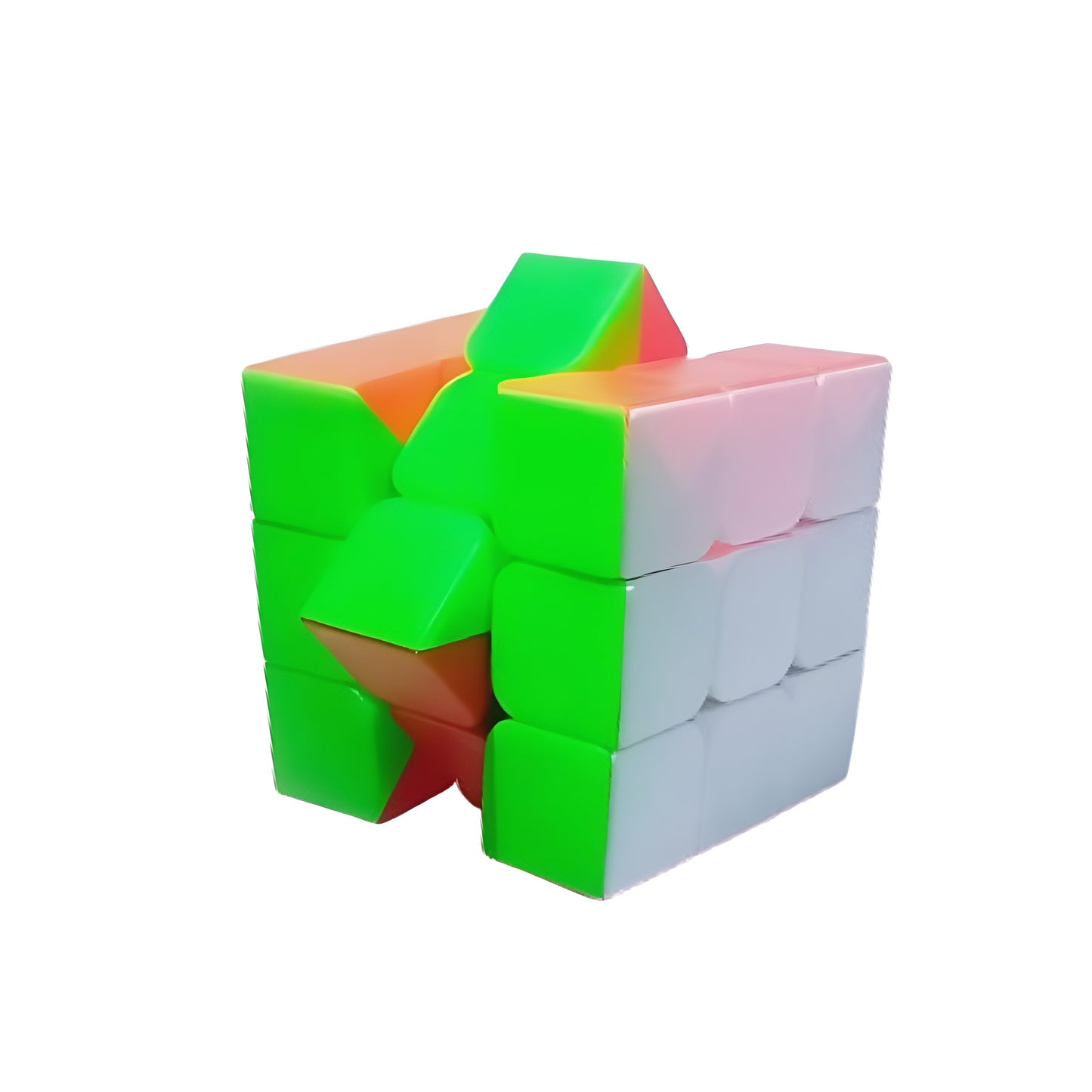 This image shows a standard 3x3 Rubik's Cube, a popular puzzle consisting of six colored sides: red, green, blue, white, yellow, and orange. The cube is partially scrambled, with the colors on some sides still arranged in blocks, while others appear mixed