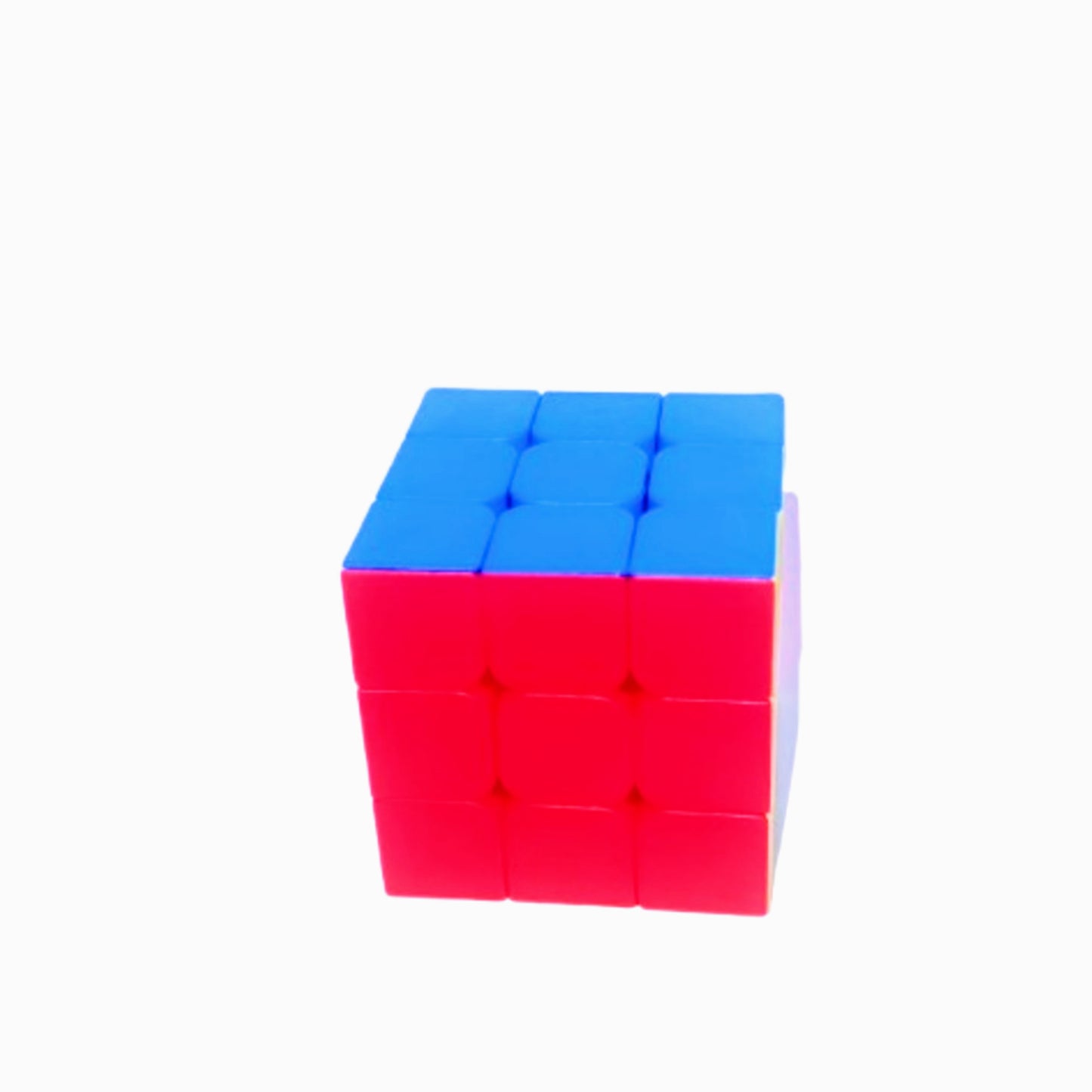 This image shows a standard 3x3 Rubik's Cube, a popular puzzle consisting of six colored sides: red, green, blue, white, yellow, and orange. The cube is partially scrambled, with the colors on some sides still arranged in blocks, while others appear mixed